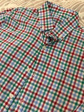 Vineyard Vines Boys Red Green Blue Plaid Button-Down Shirt - Large